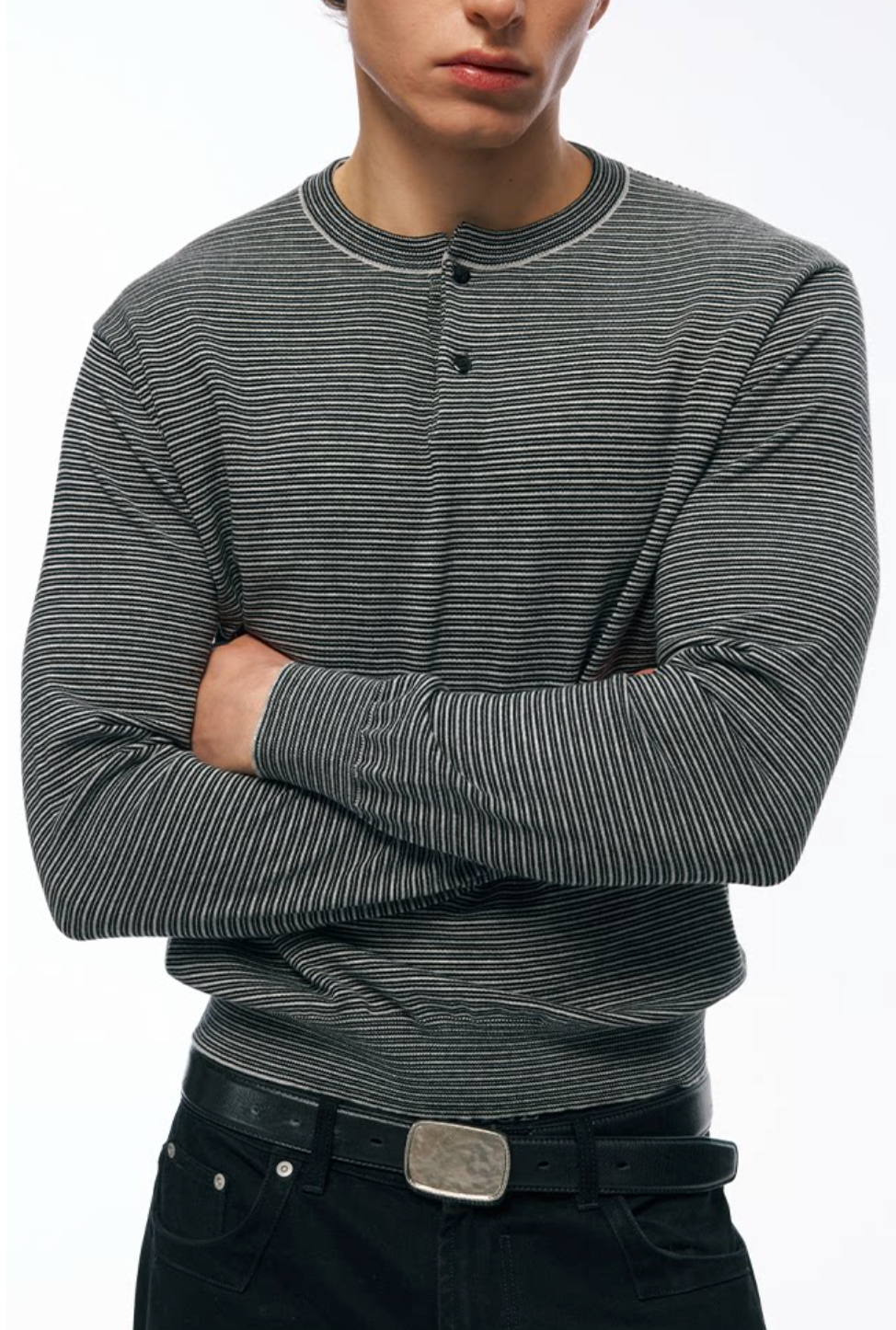 ボーダーヘンリーネックショートワイドTシャツ　N7339
