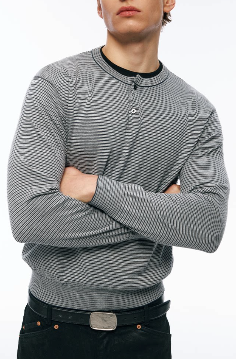 ボーダーヘンリーネックショートワイドTシャツ　N7339