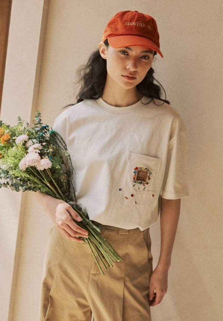 【270G】Floral embroidery pocket T-shirt N3384 - NNine