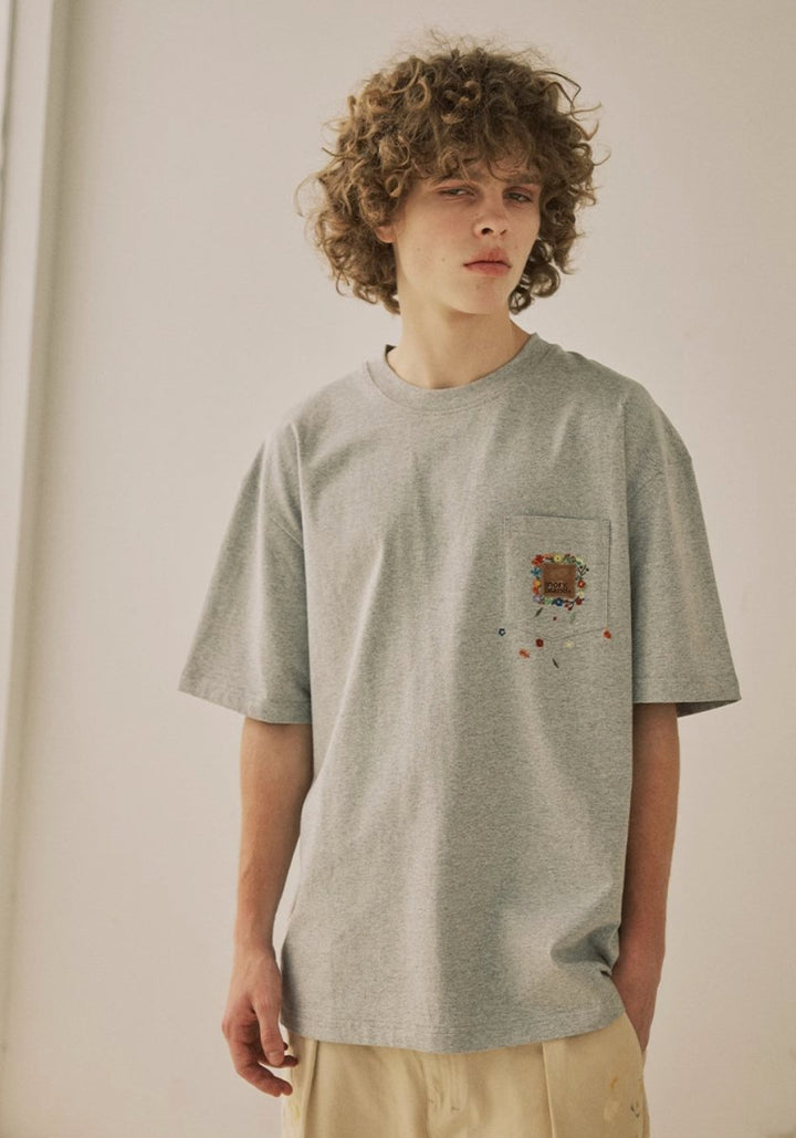 【270G】Floral embroidery pocket T-shirt N3384 - NNine