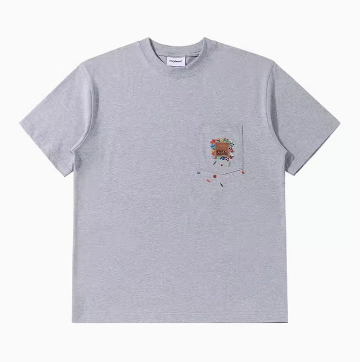 【270G】Floral embroidery pocket T-shirt N3384 - NNine