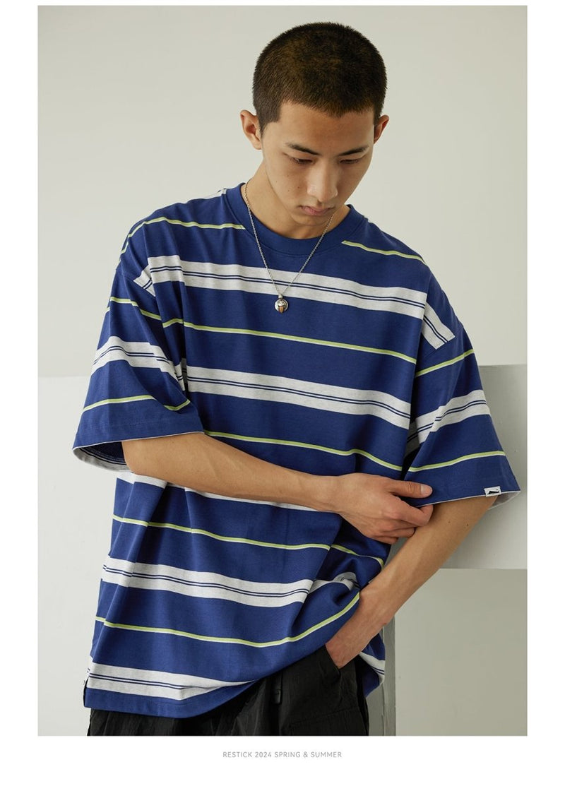 【330G】Blue border cotton T-shirt N3573 - NNine