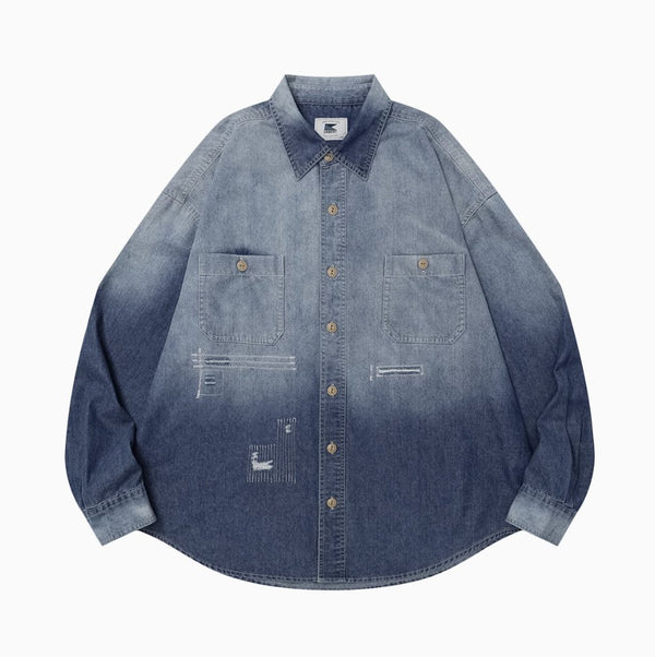 【5oz】gradient wash denim shirt / ダメージデニムシャツ N4395 - NNine