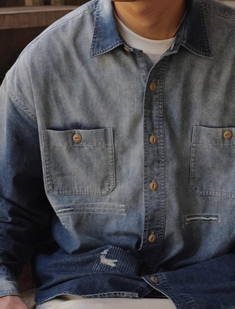 【5oz】gradient wash denim shirt / ダメージデニムシャツ N4395 - NNine