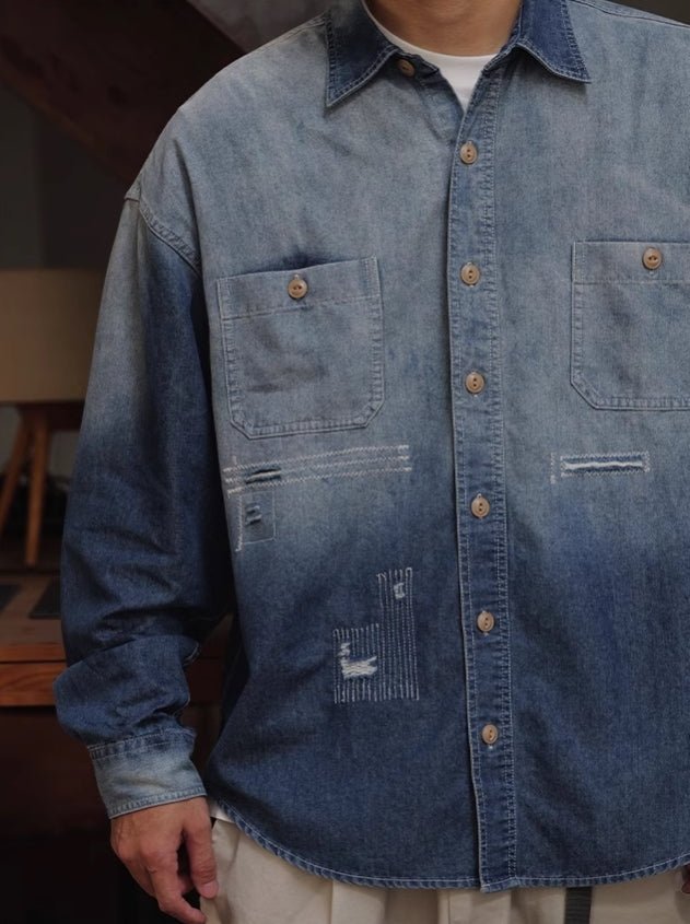 【5oz】gradient wash denim shirt / ダメージデニムシャツ N4395 - NNine