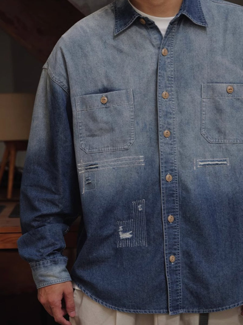 【5oz】gradient wash denim shirt / ダメージデニムシャツ N4395 - NNine