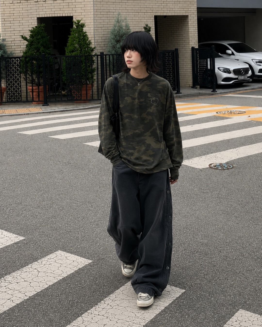ワッフルカモフラージュ刺繍ロングTシャツ　N7271