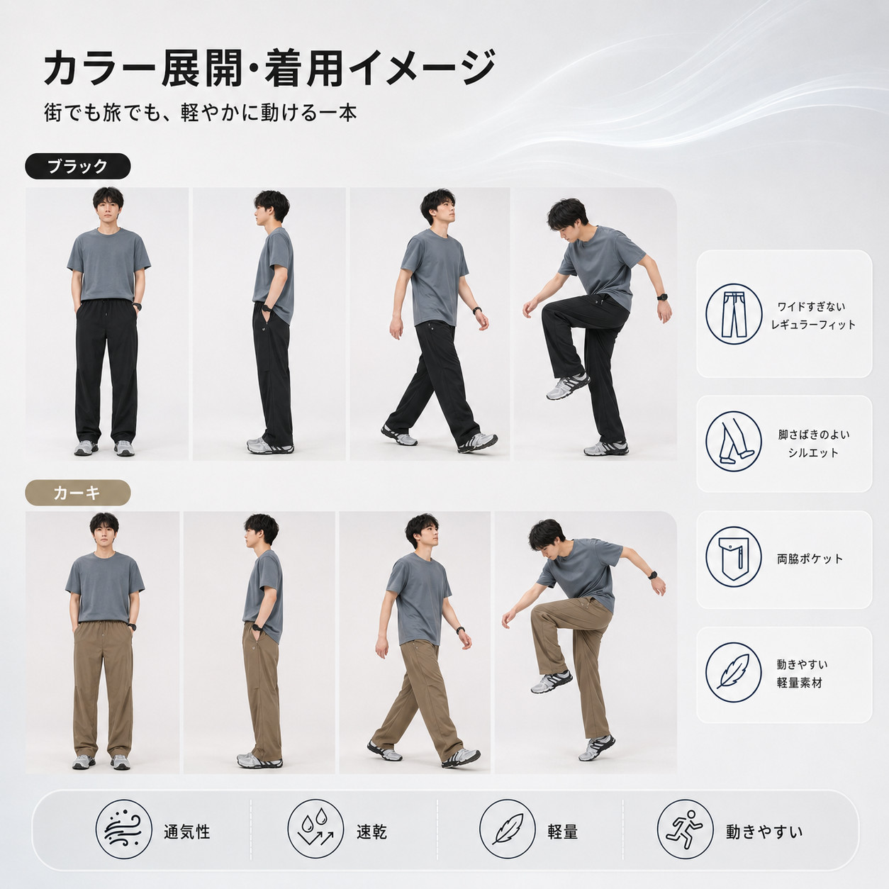東レ素材 速乾涼感 ワイドストレートパンツ  N7082