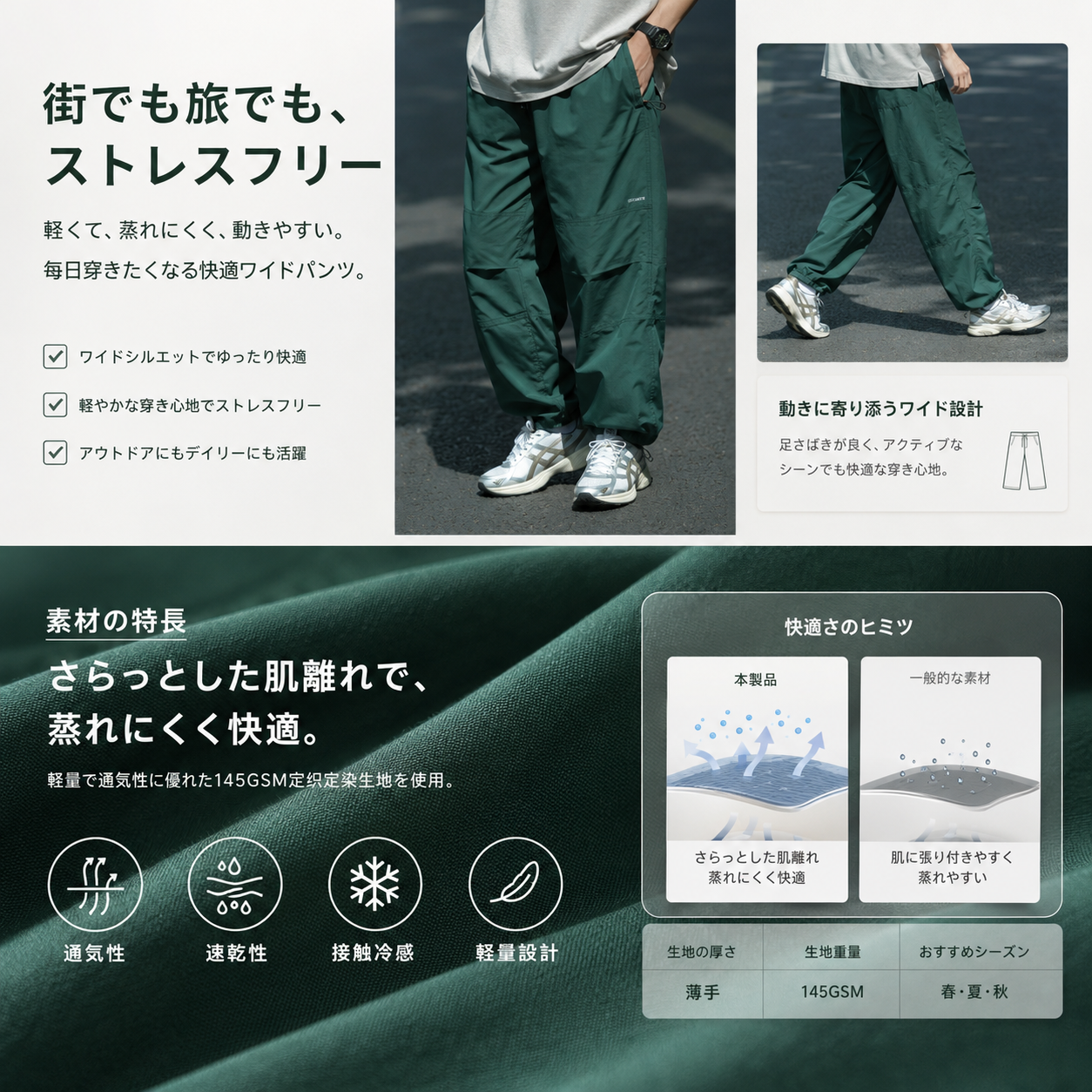 【累計販売5,000本突破!!】テック繊維 Cool Dry Pants / 接触冷感 吸汗速乾 パンツ N2318