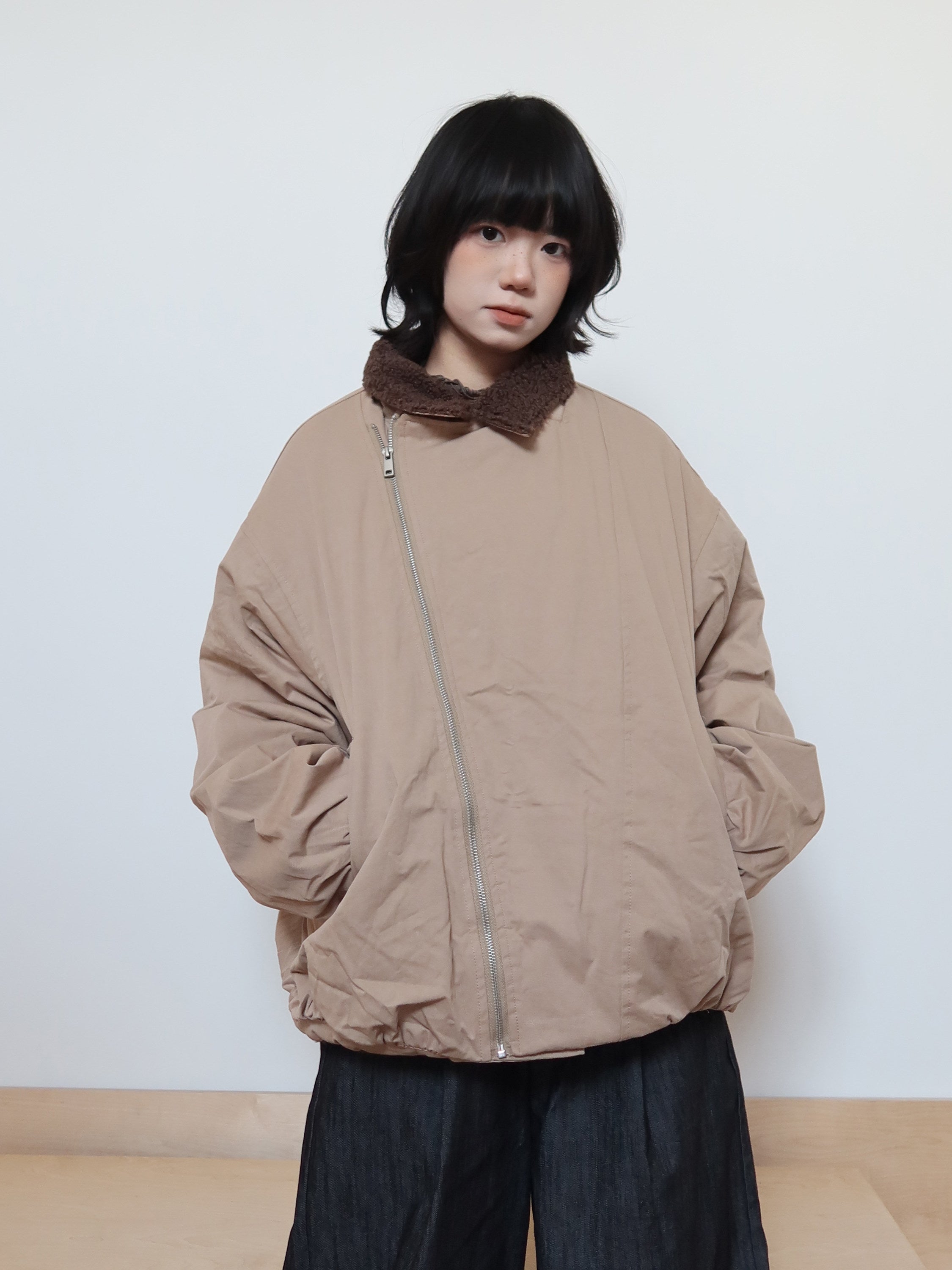 アシンメトリーZIP ボア襟 バーンスタイル中綿ジャケット N6407