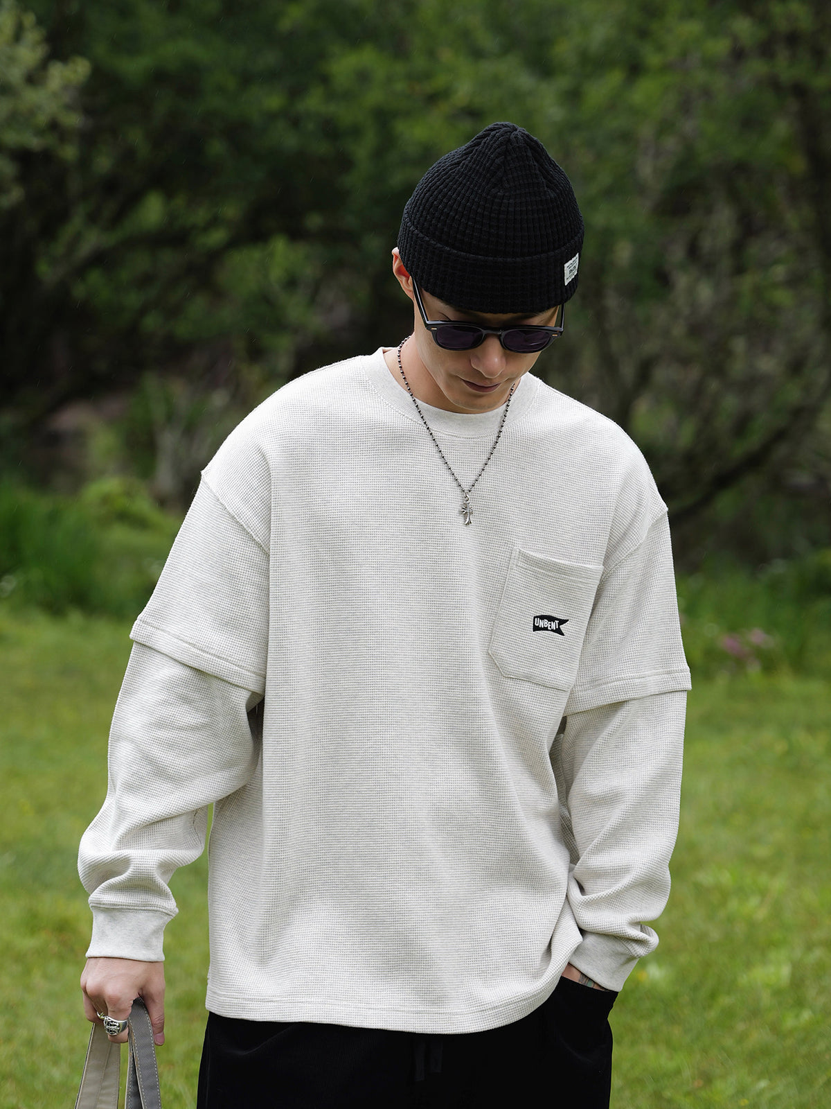 レイヤードポケット刺繍ワッフルロングTシャツ N7300