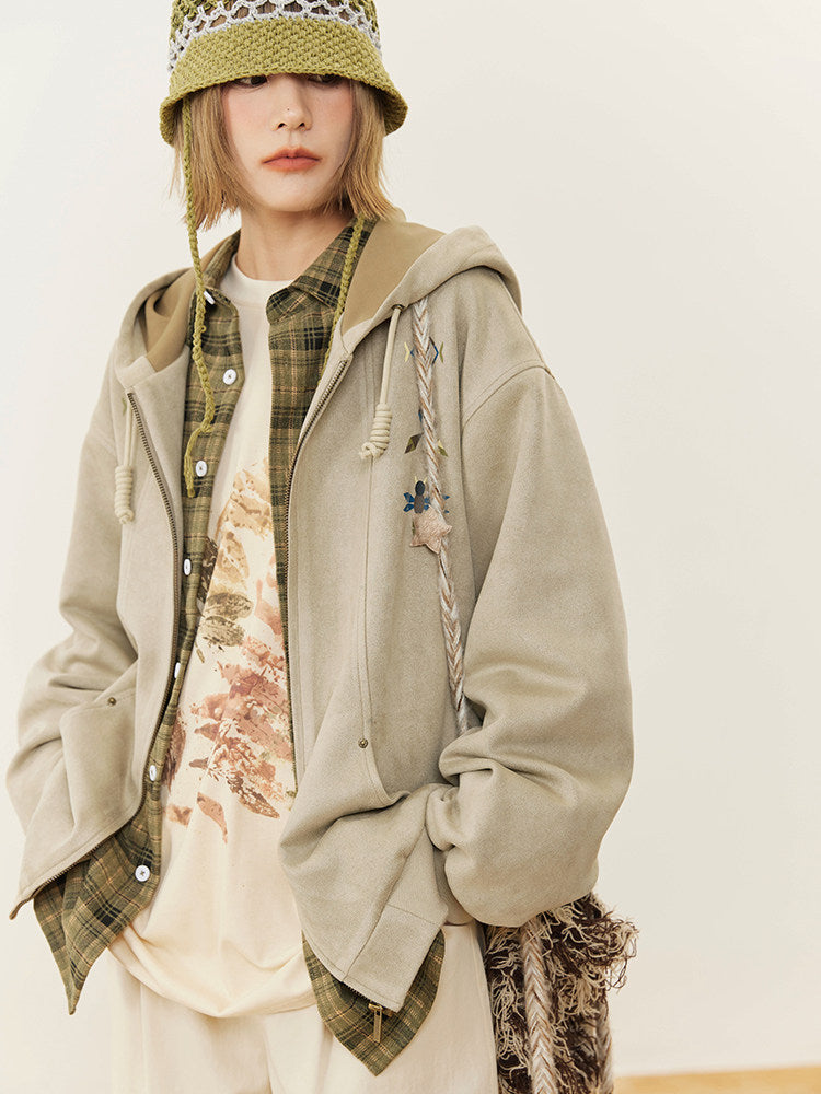 スエードタッチ 刺繍フーディ ジップアップ N6473