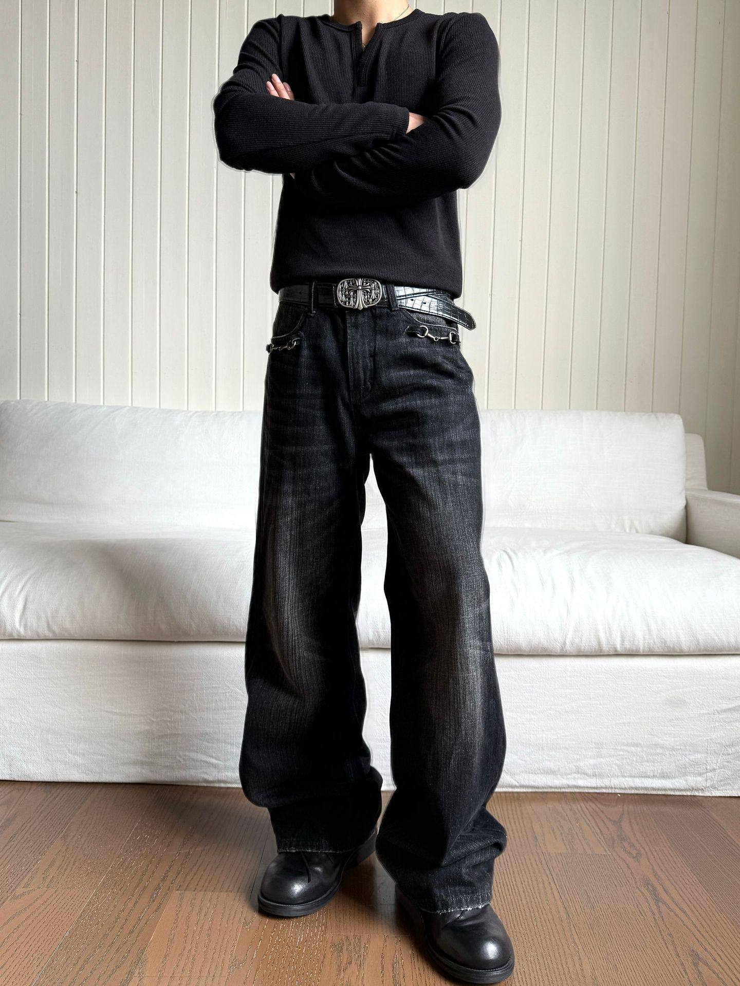 シルバーチェーン付き ヴィンテージウォッシュ デニムパンツ N6465