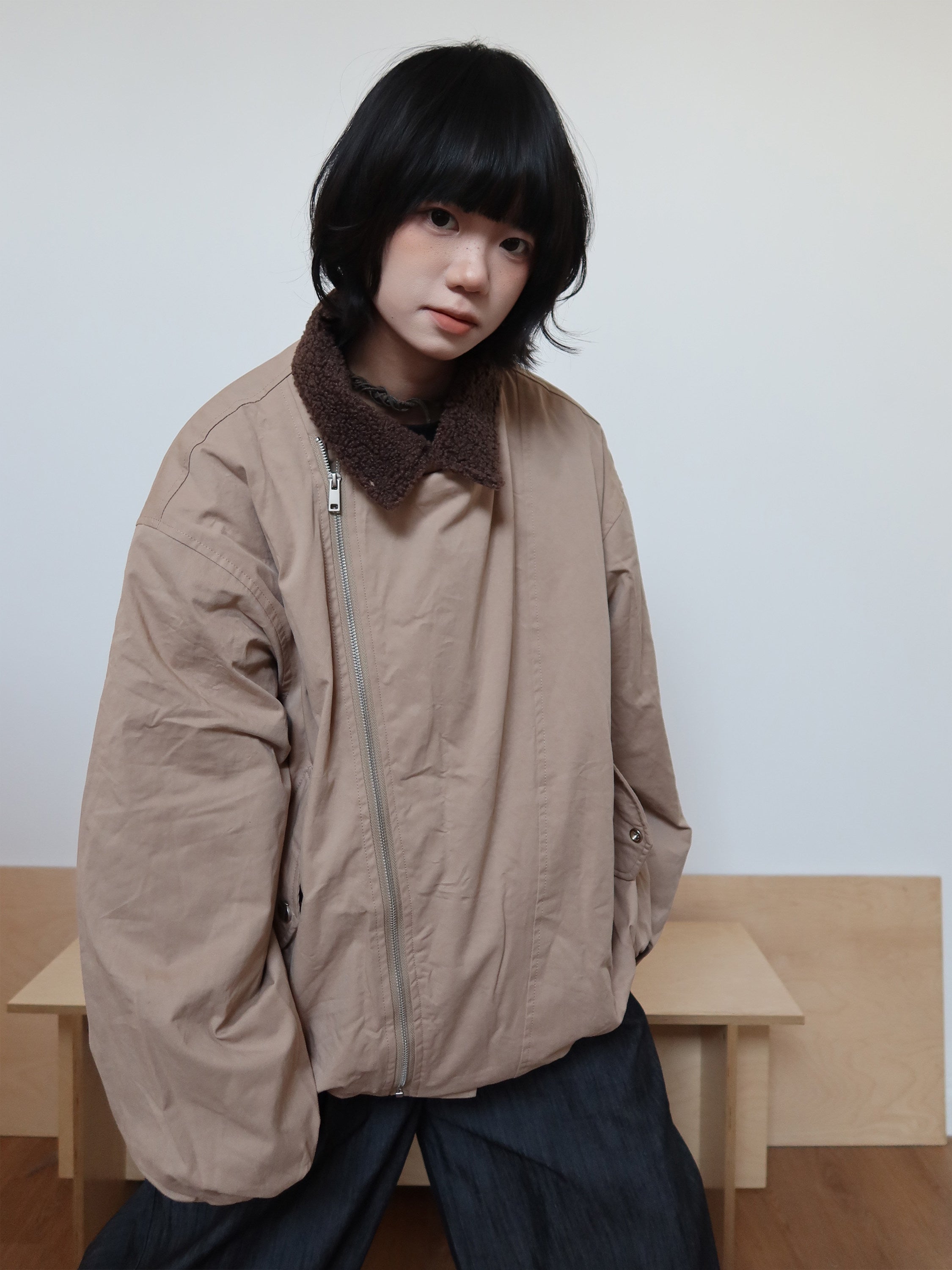 アシンメトリーZIP ボア襟 バーンスタイル中綿ジャケット N6407