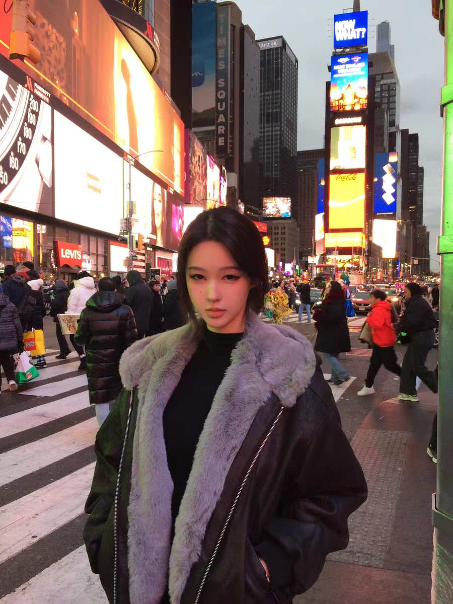 1500Gミンク風ボア・クラックドPUレザー・フーデッドコート N6249