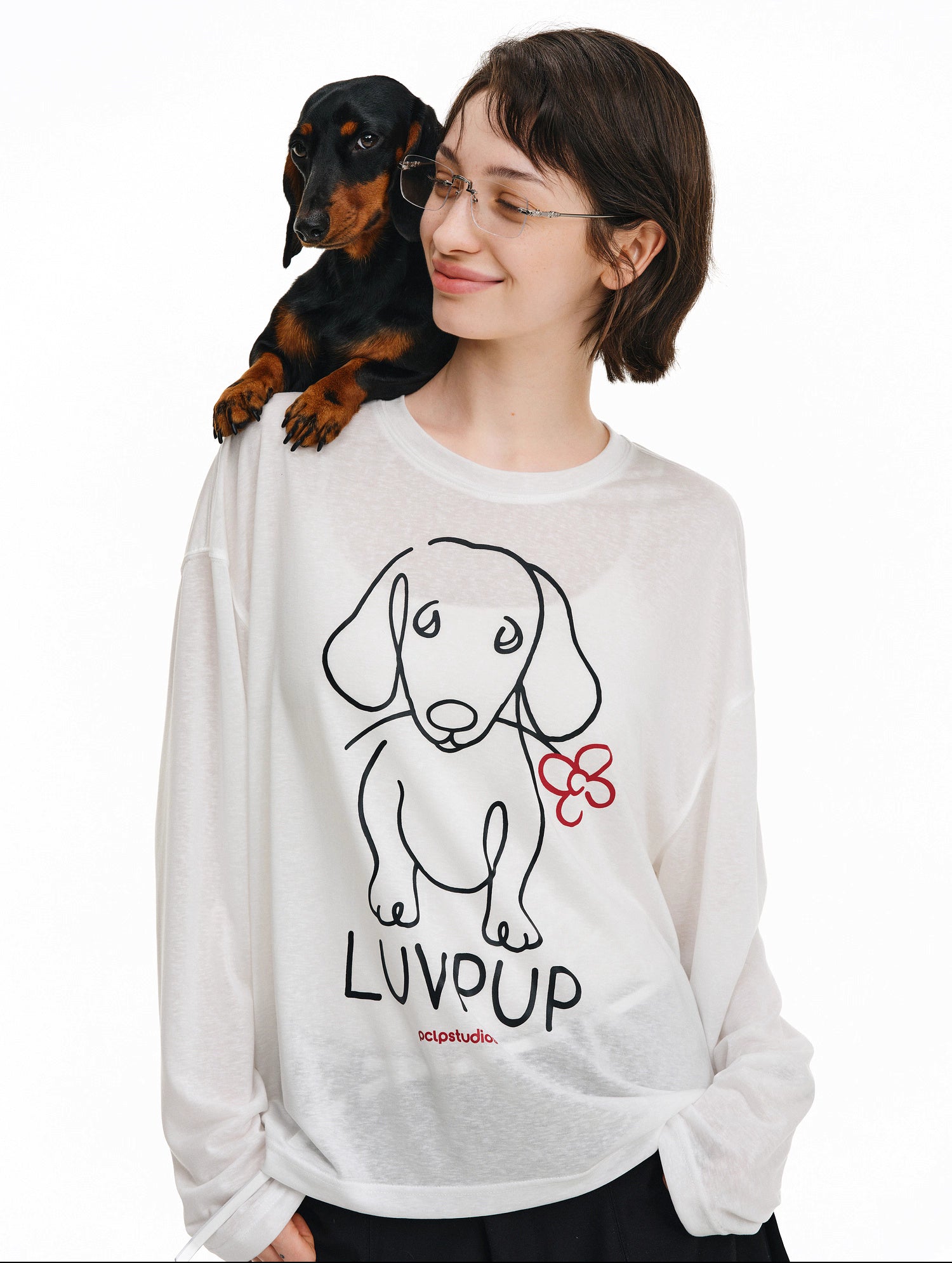 ラインアート・ドッグ グラフィック ロンT / Flower dog print T-shirt   N5607