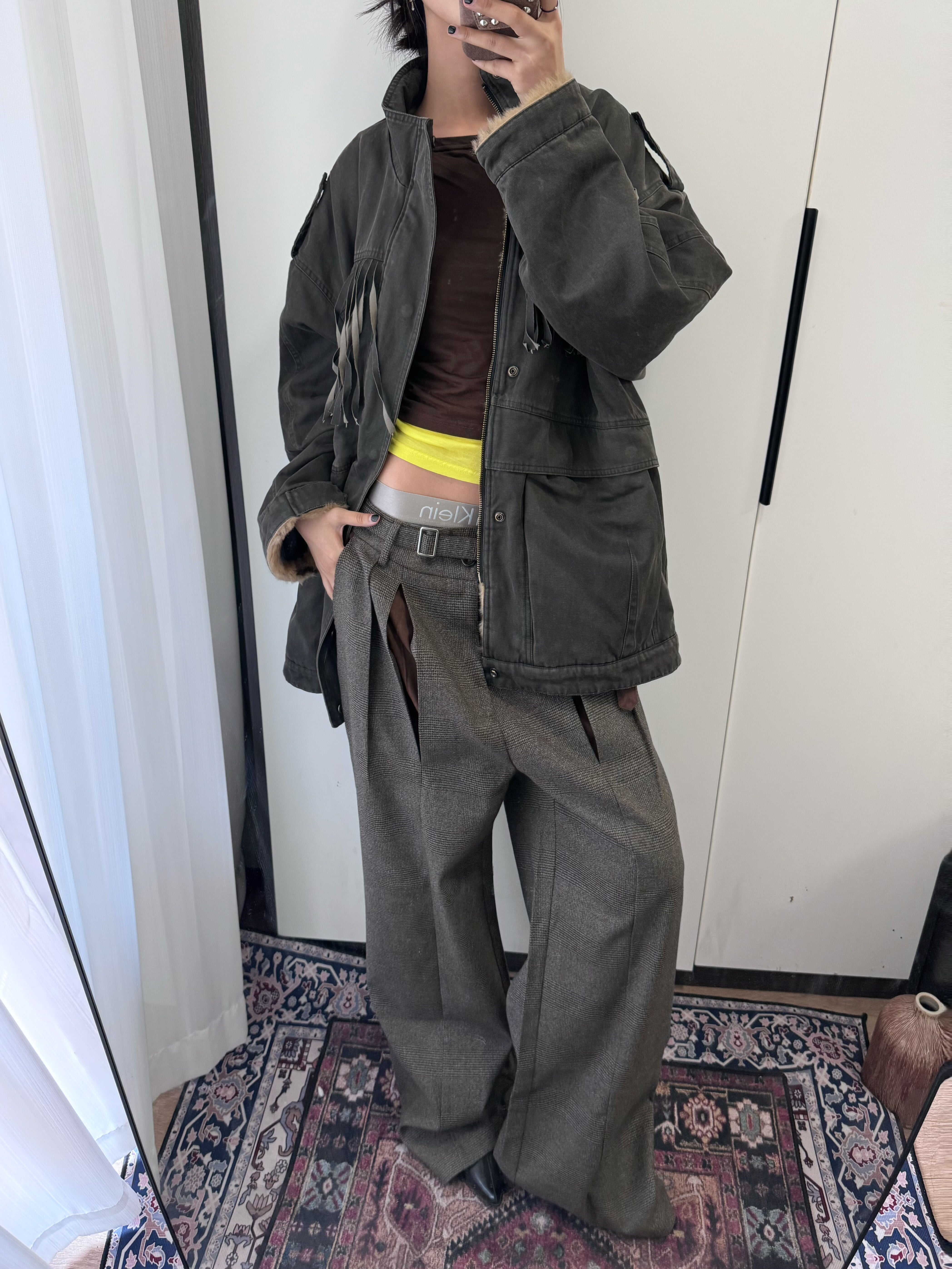 スエードディテール・千鳥格子・Aラインプリーツパンツ　N6180