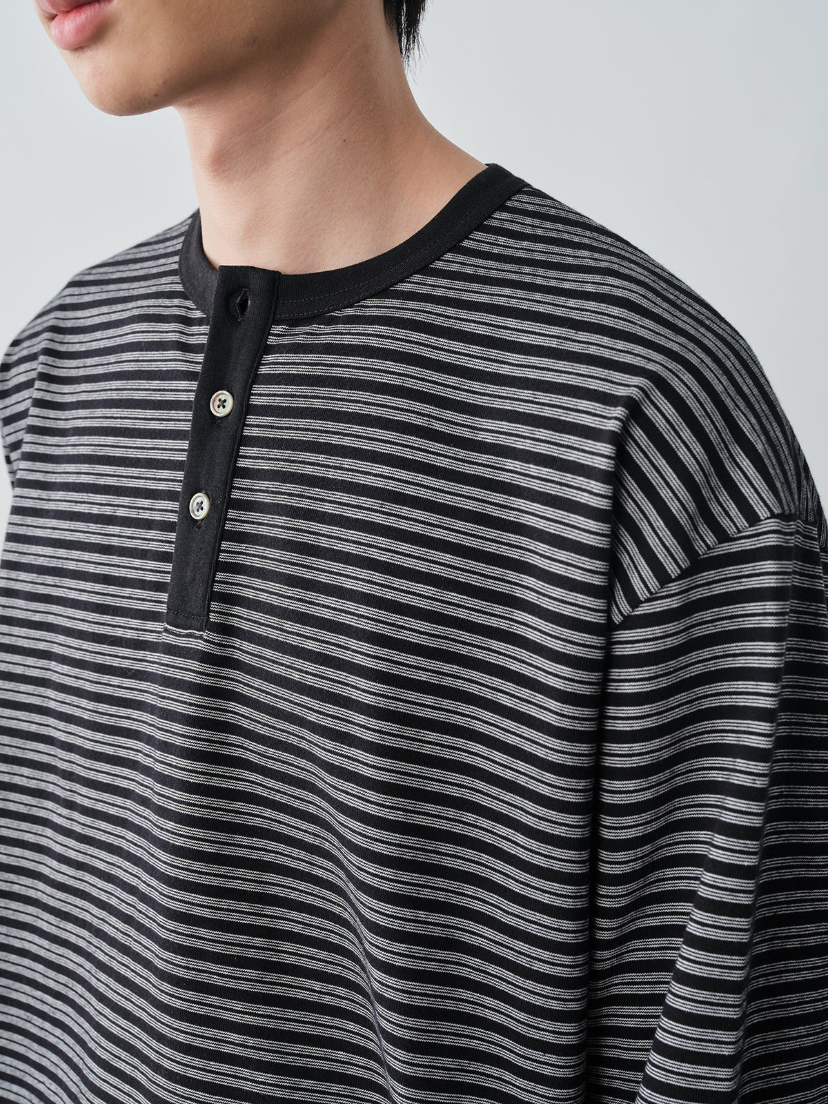 ボーダーヘンリーネックロングTシャツ N7334