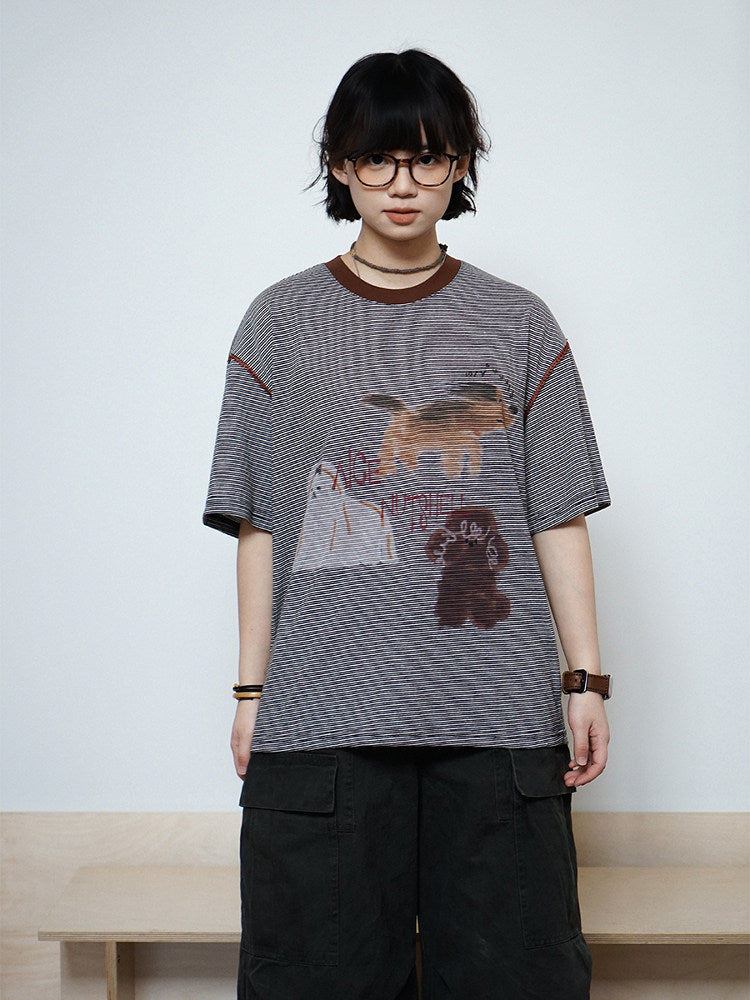 ピンボーダー アニマルグラフィック リンガーTシャツ N6868