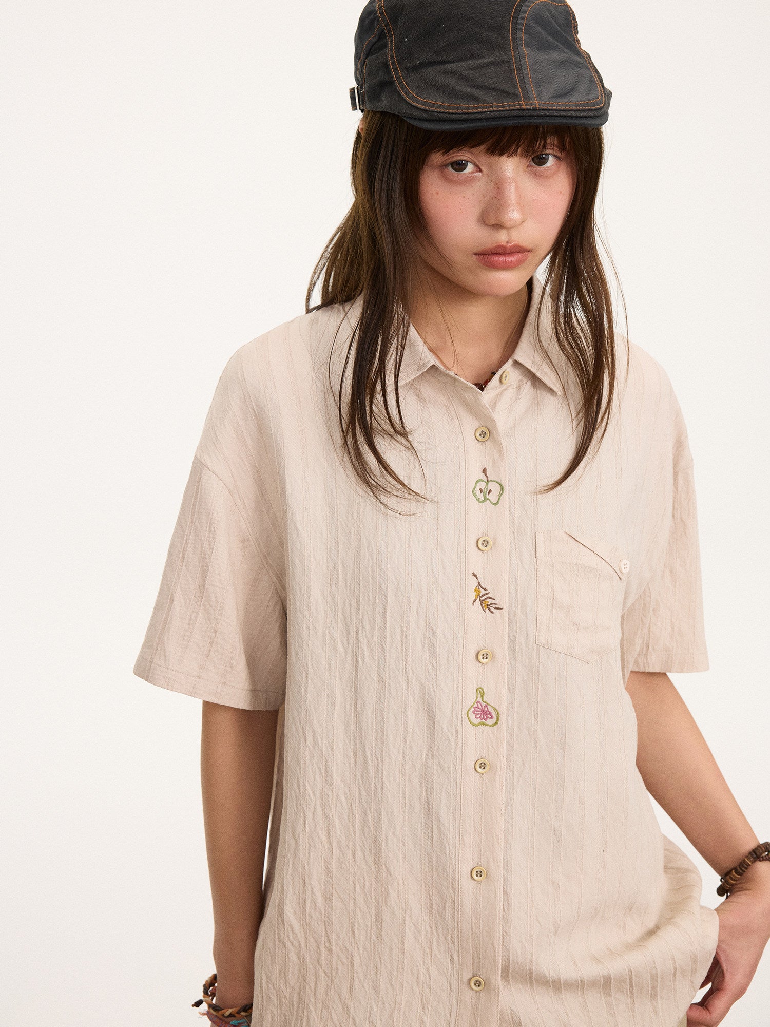 コットンリネン ストライプ 刺繍 半袖シャツ N6863