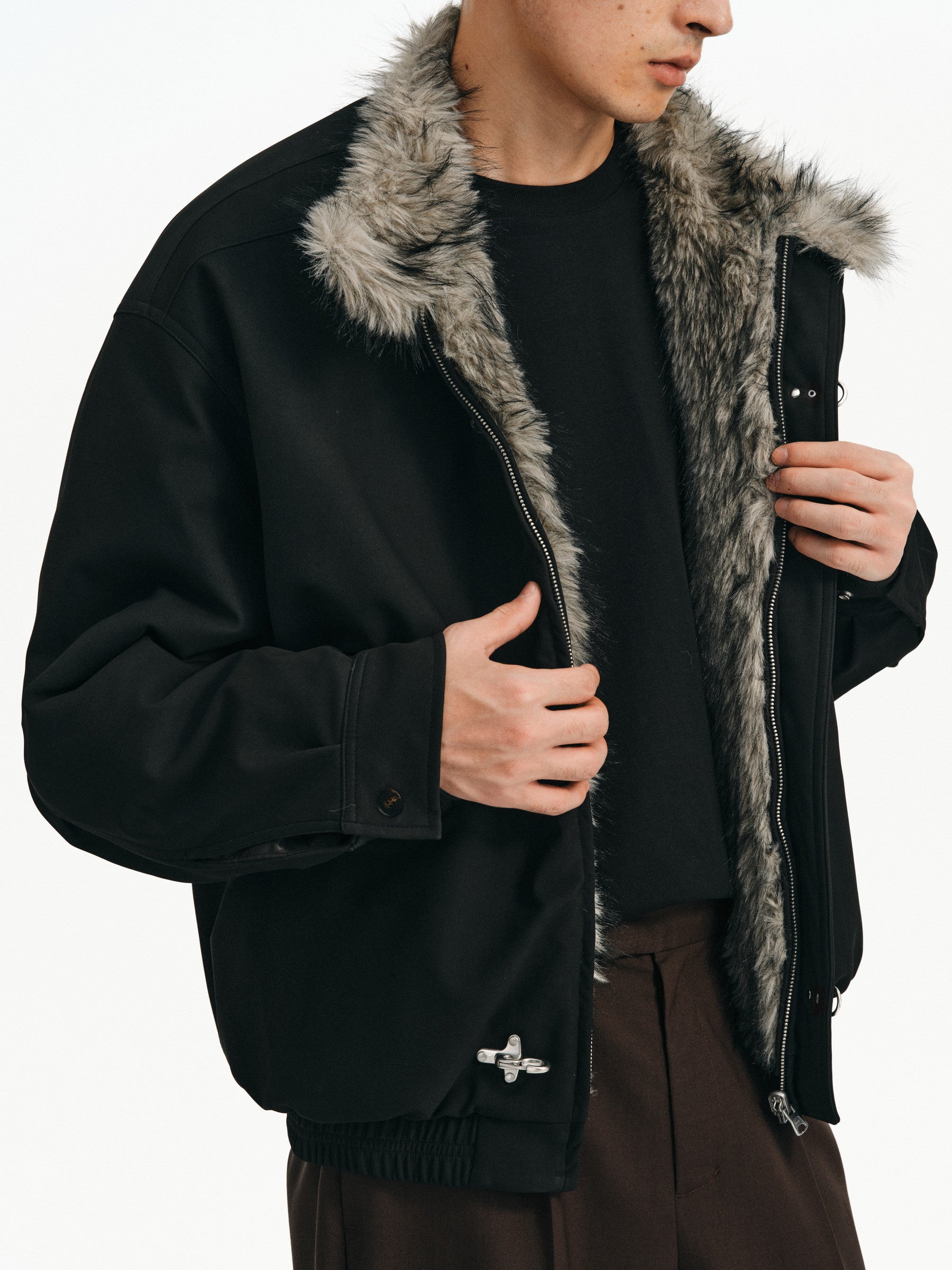 フェイクミンクファー 襟付きフライトバックルジャケット　N6354