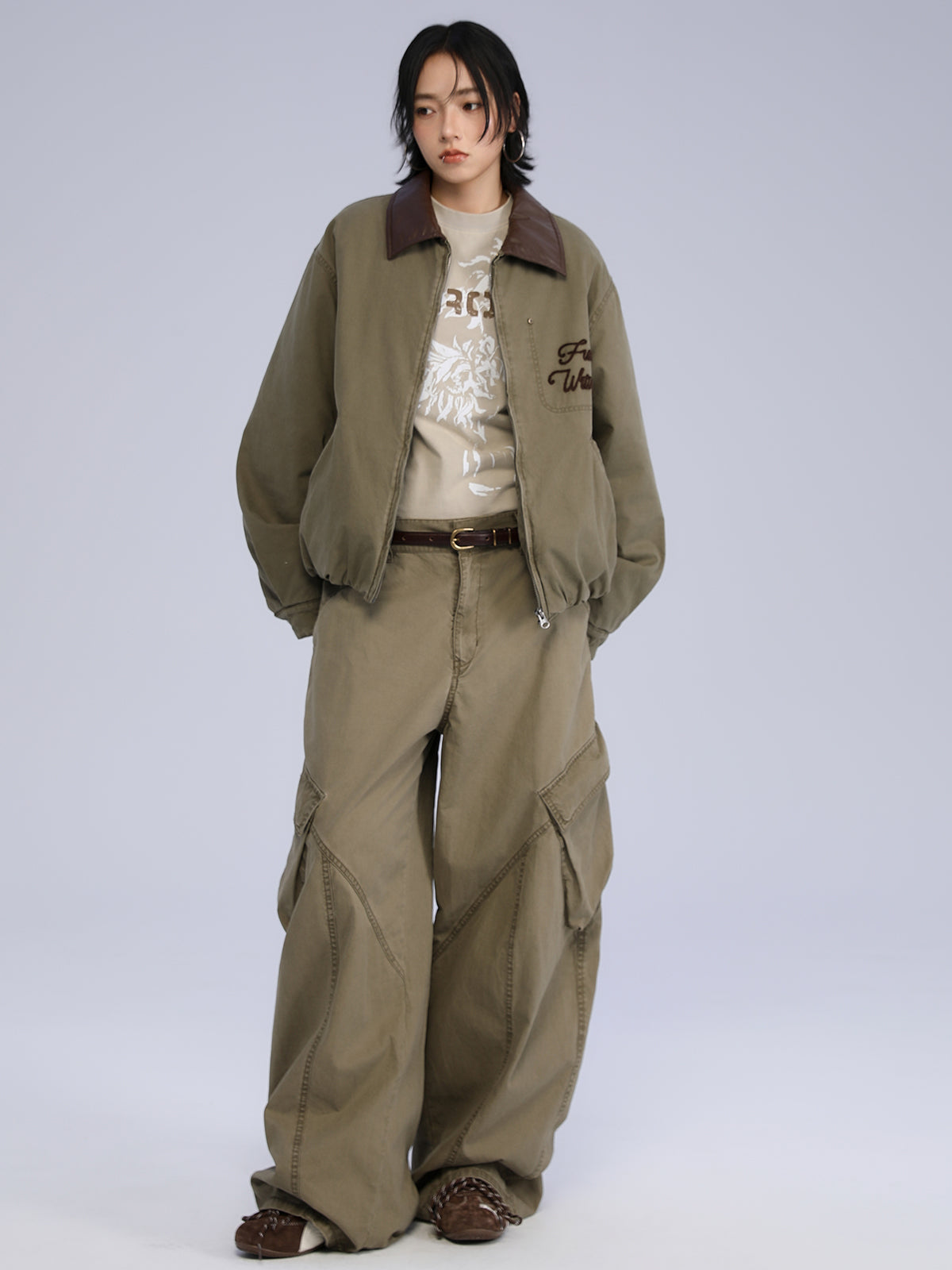 レザー襟ウォッシュドコットン・中綿ショートジャケット N6165