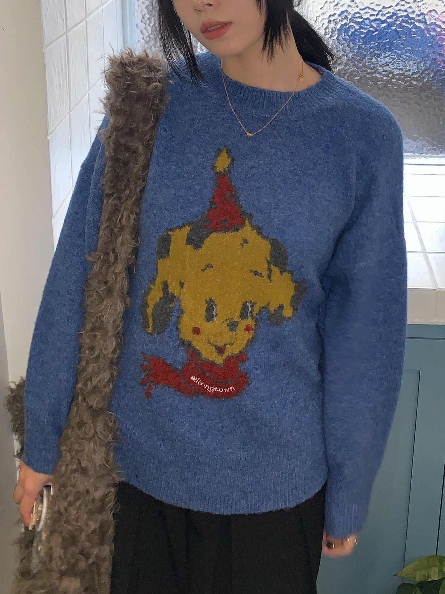 レトロ犬グラフィック ルーズフィットニットセーター　N6278