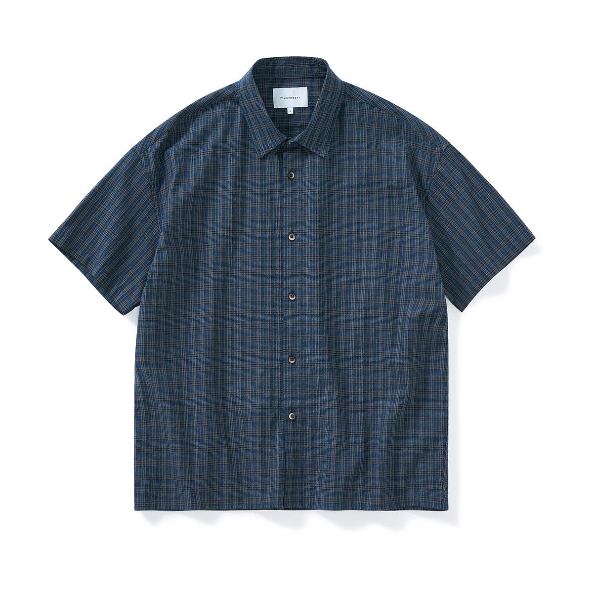 リネン混ブルーチェック半袖シャツ N6794
