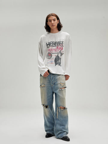 古着風グランジ 汚れ加工グラフィックロンT N5909