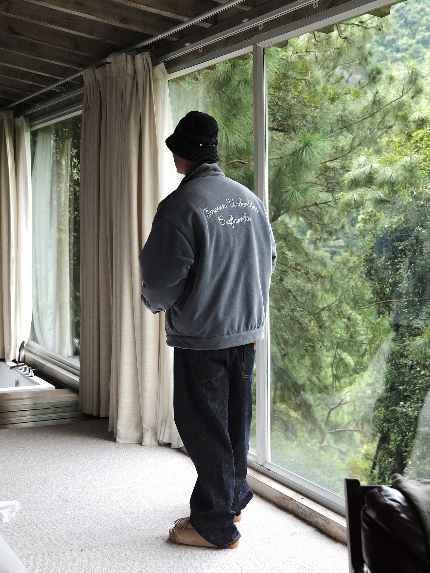 ヴィンテージ加工 刺繍入り 中綿スウェットジャケット N6258