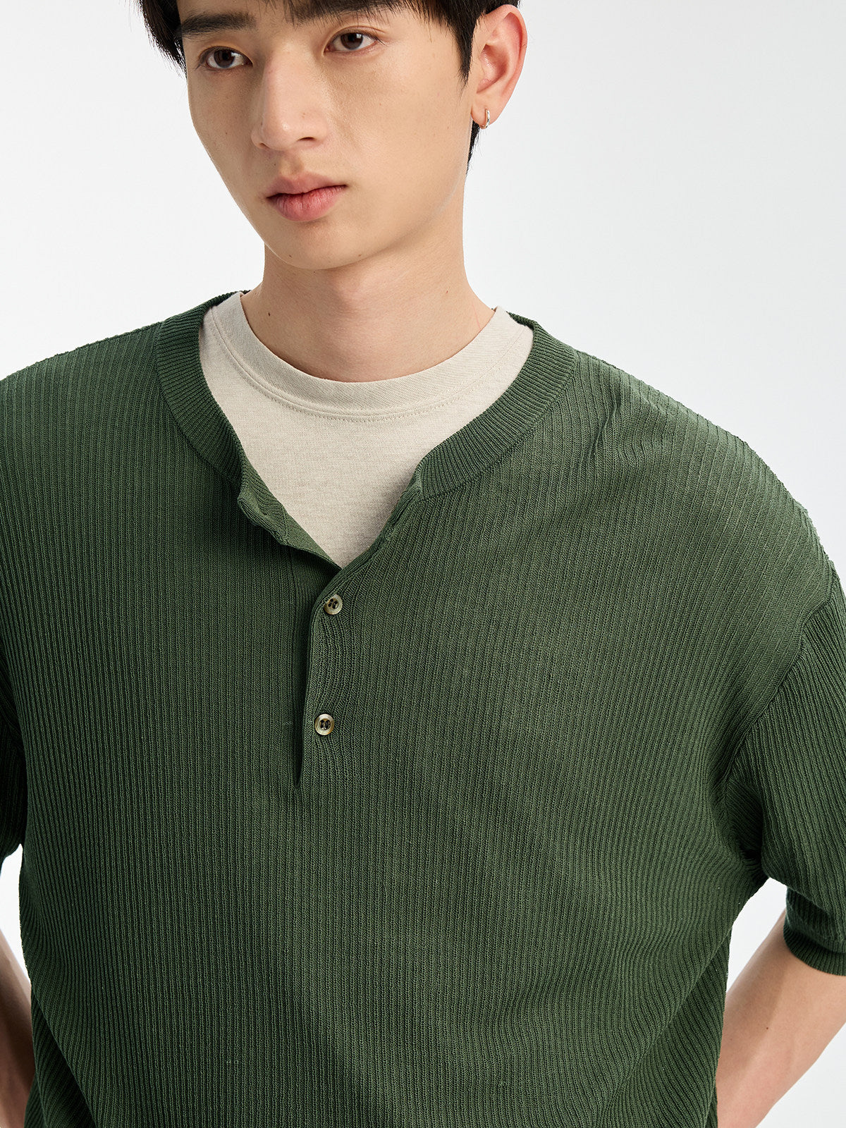 リネン混ハーフボタンニットT N6825
