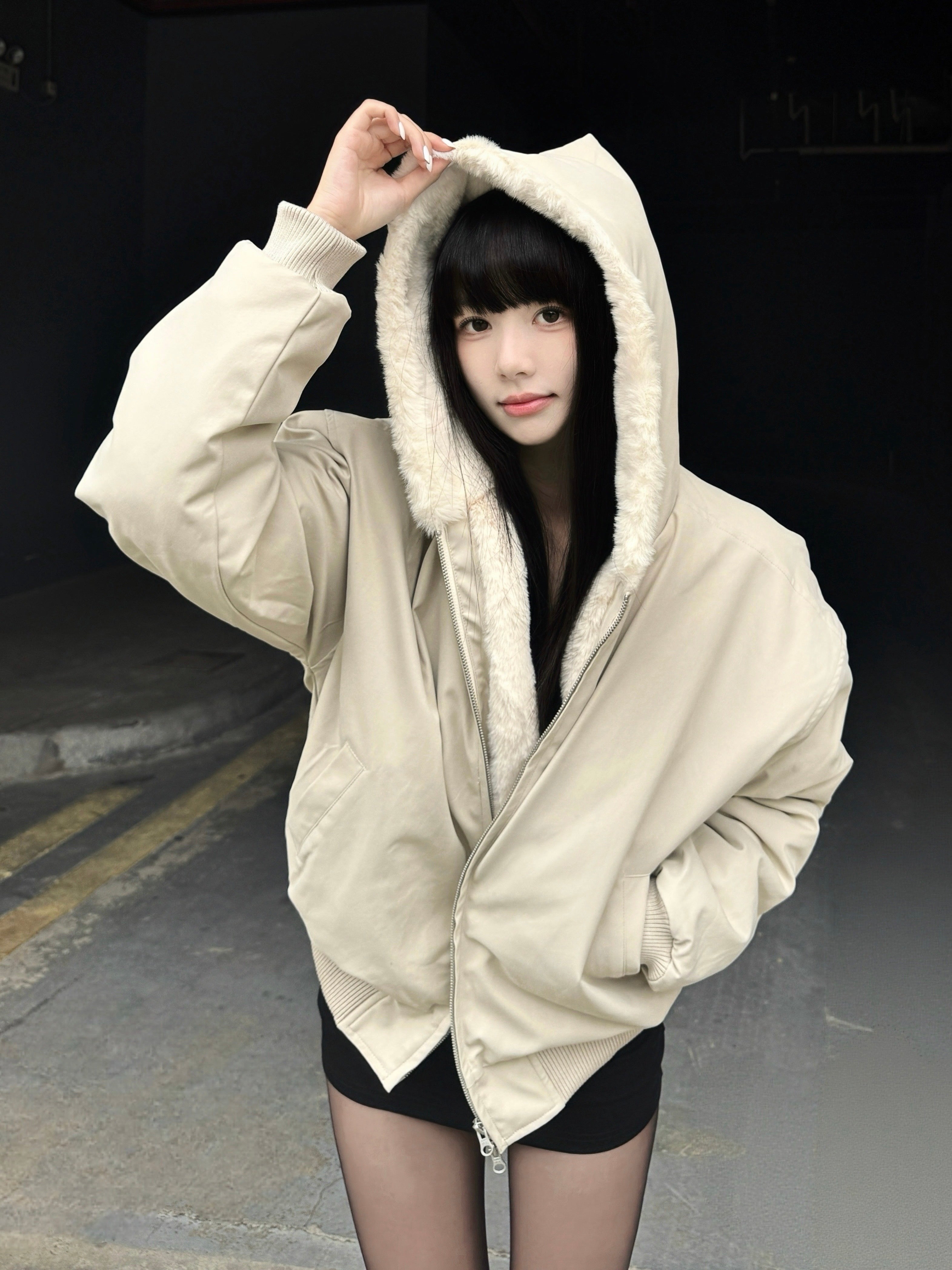 1500g仿ラビットファー裏地 フーデッド中綿ジャケット　N6283