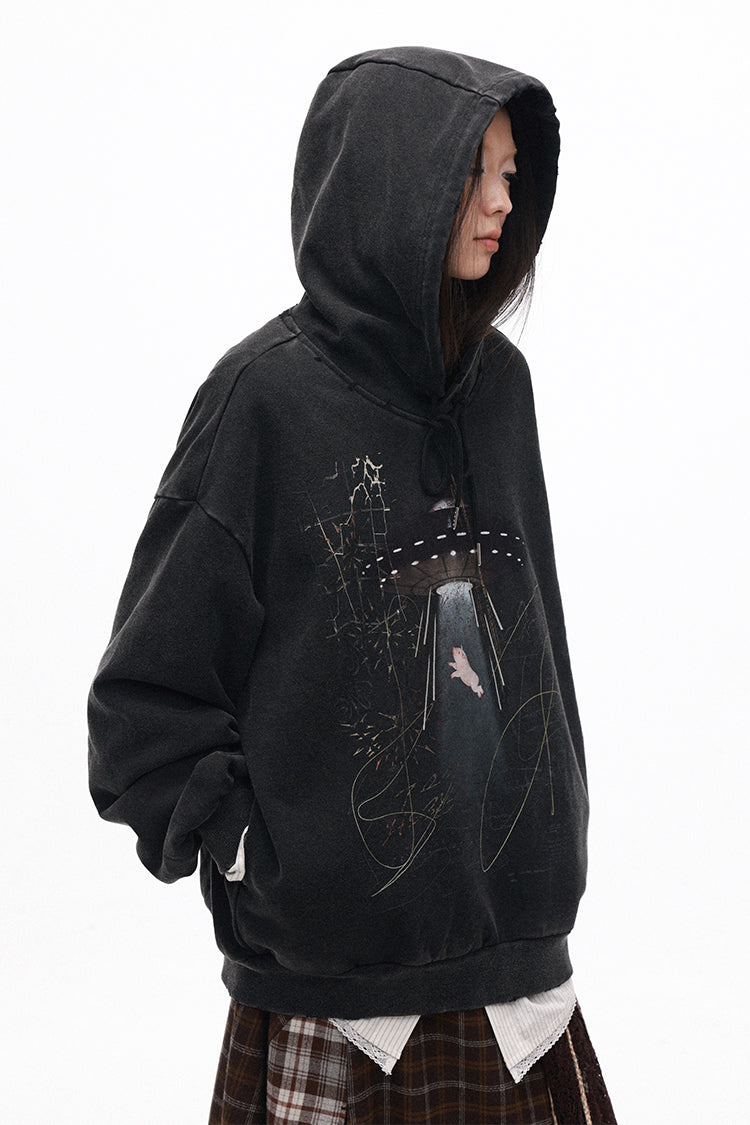 銀箔×グラフィック “ピッグ” ウォッシュフーディ　N6262