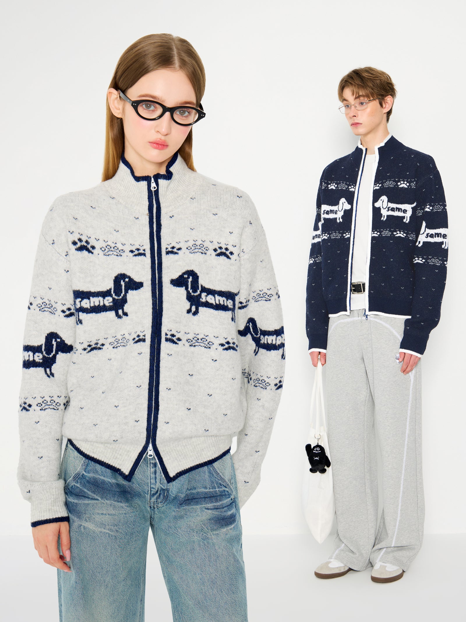 ドッグジャカード ウール混 リラックスニットカーディガン N6311