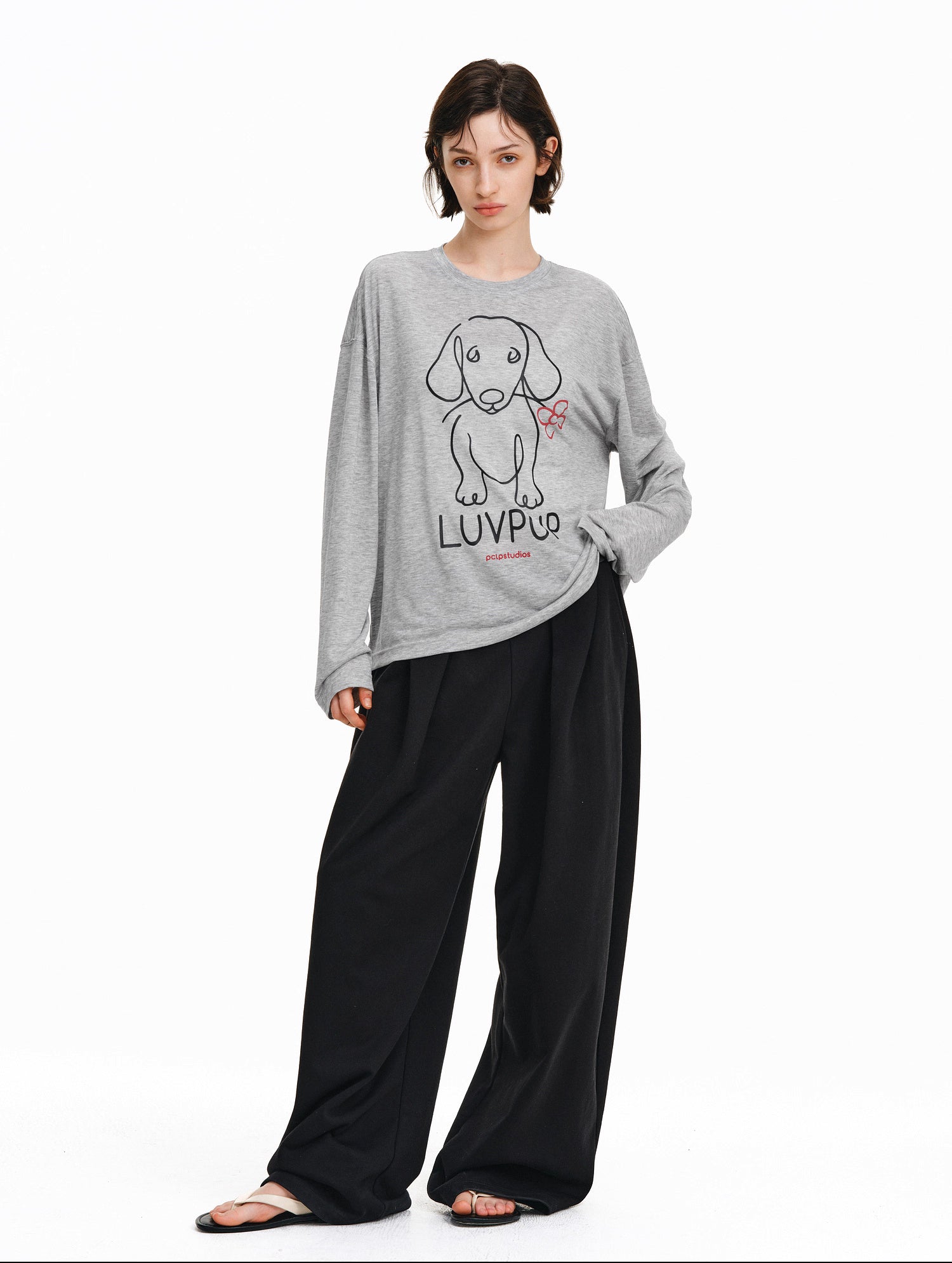 ラインアート・ドッグ グラフィック ロンT / Flower dog print T-shirt   N5607