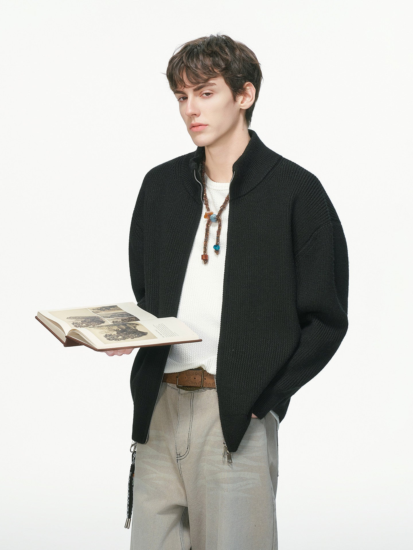 オールドマネー スタンドカラー ニットカーディガン　N6333