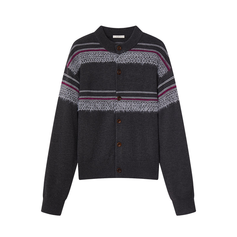 シャギー・ジャカード・クルーネックカーディガン N6096