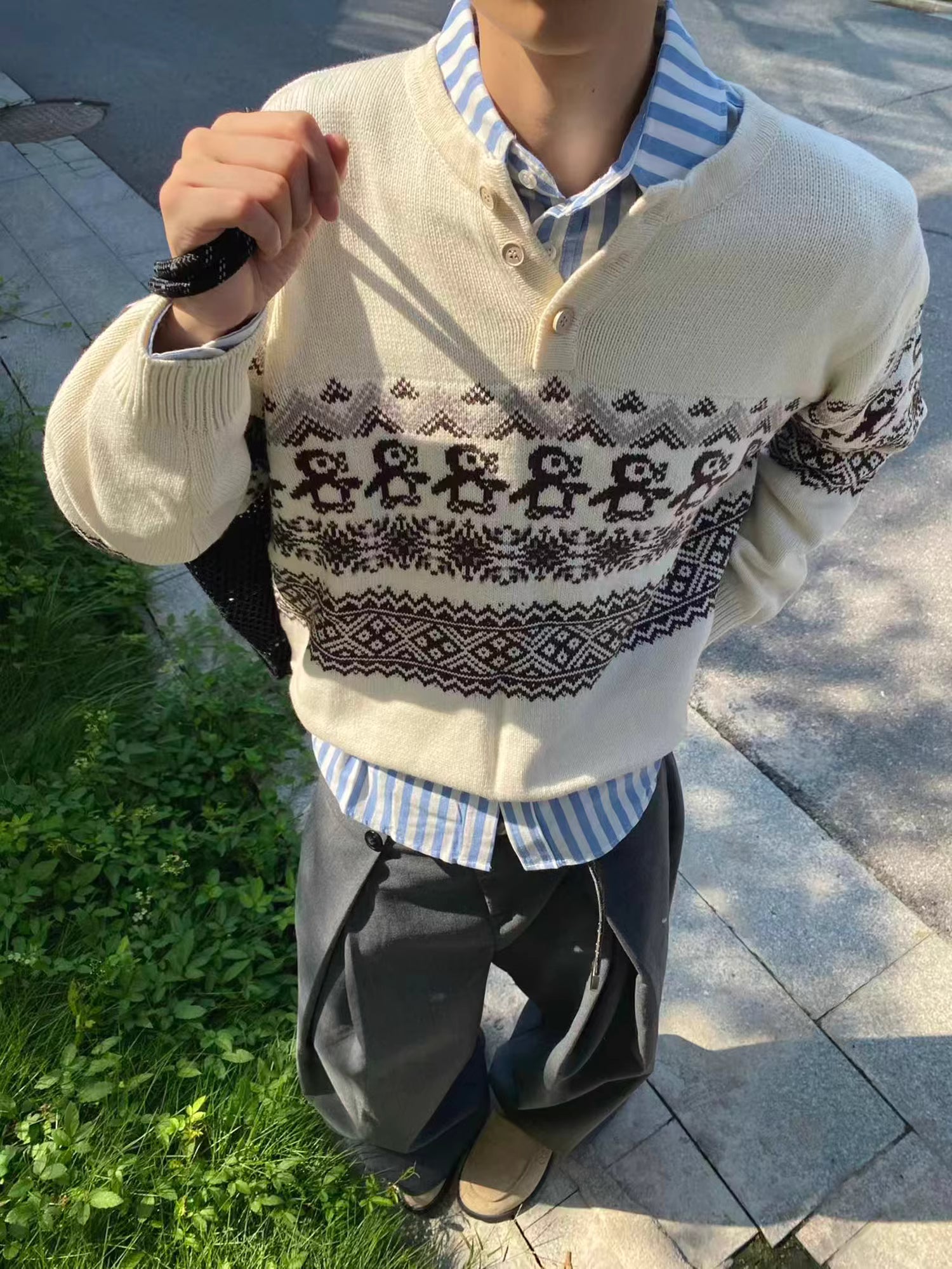 ペンギンモチーフ・フェアアイルヘンリーニット N6037