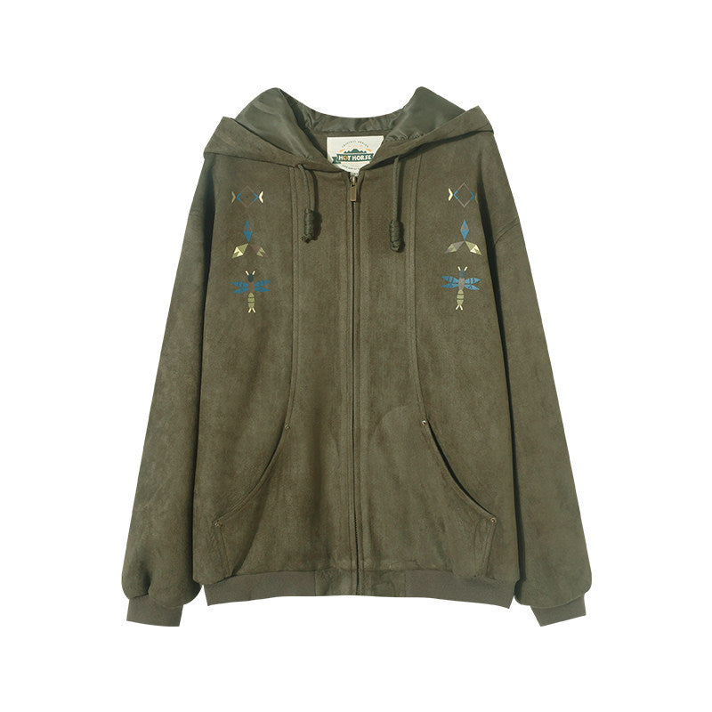 スエードタッチ 刺繍フーディ ジップアップ N6473
