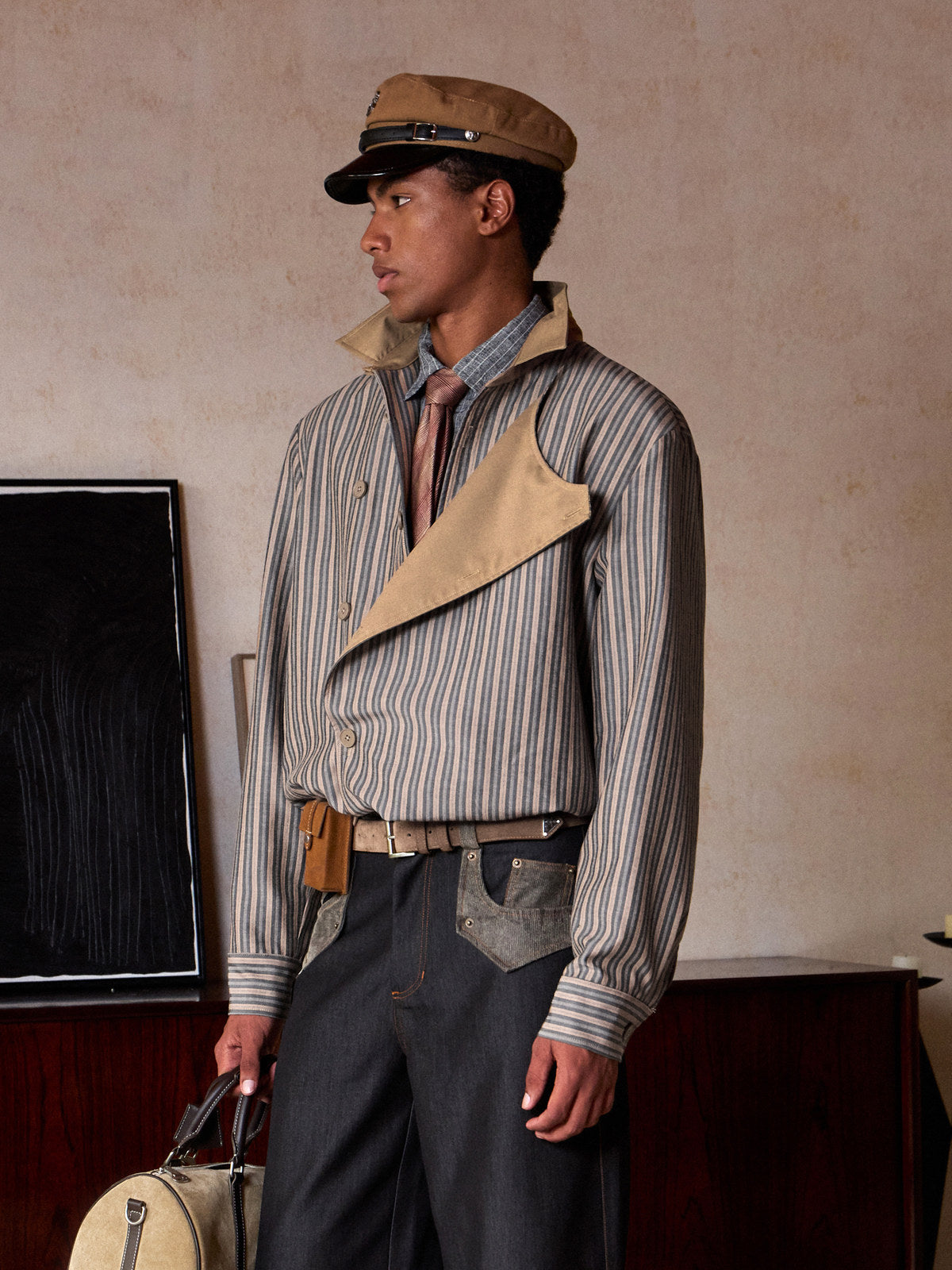 ストライプ解構 スタンドカラー ボタンジャケット N6390