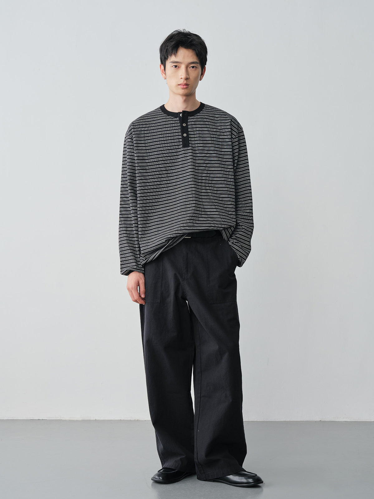ボーダーヘンリーネックロングTシャツ N7334