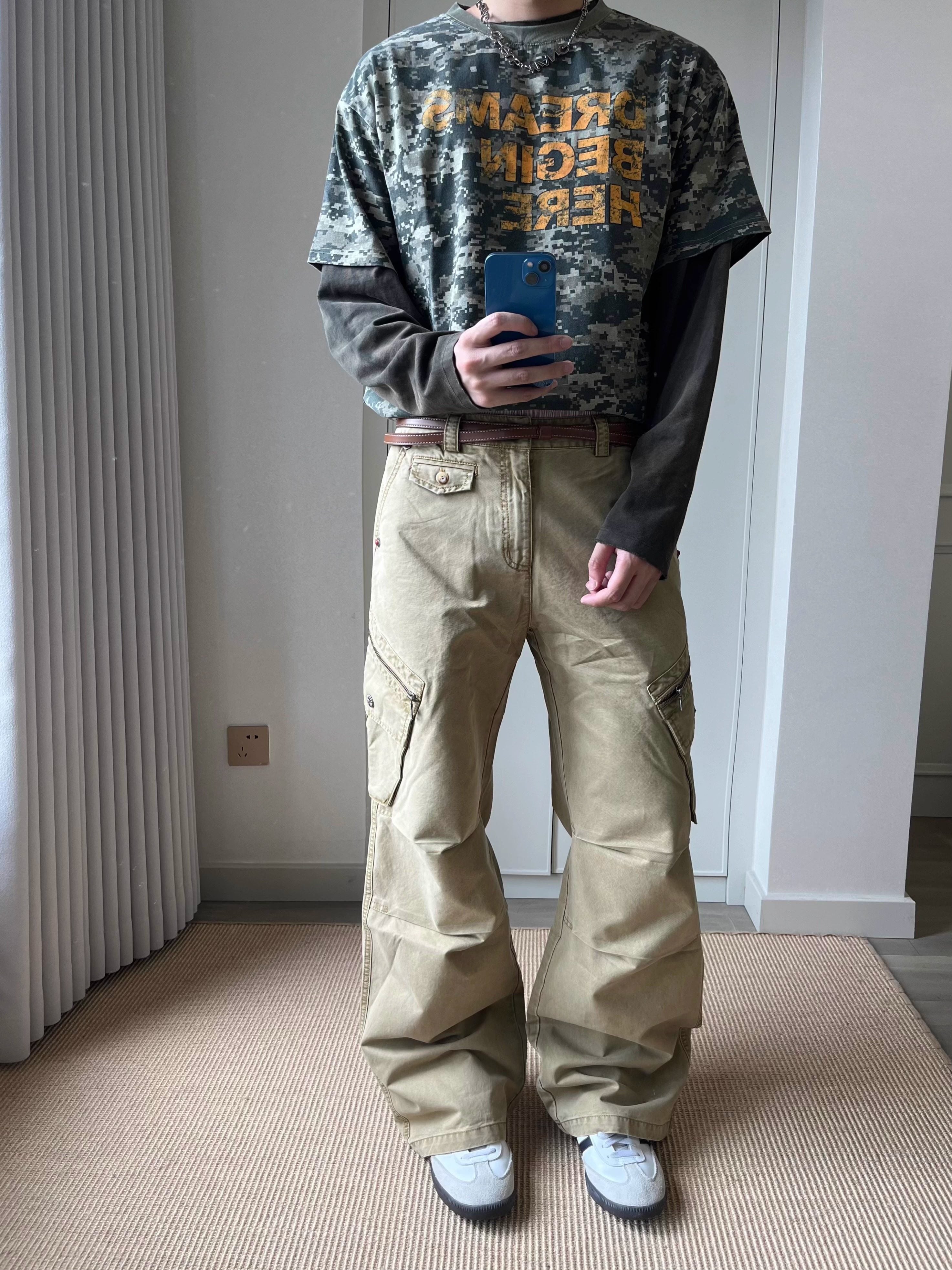 ヴィンテージウォッシュ カーキバギーカーゴ　N6518