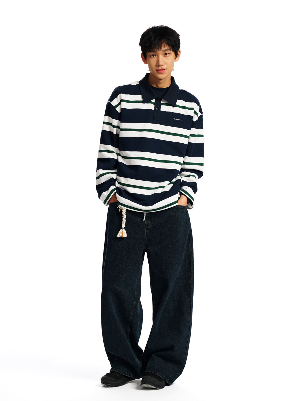 320gコットン混ボーダーロングポロシャツ N7485