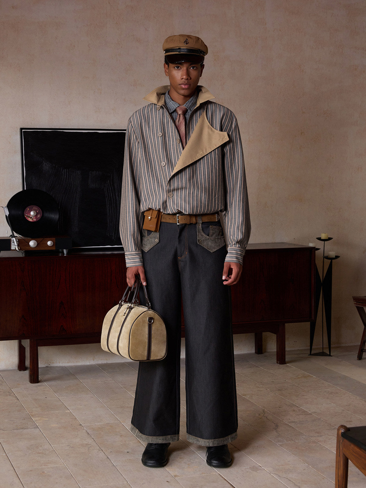 ストライプ解構 スタンドカラー ボタンジャケット N6390