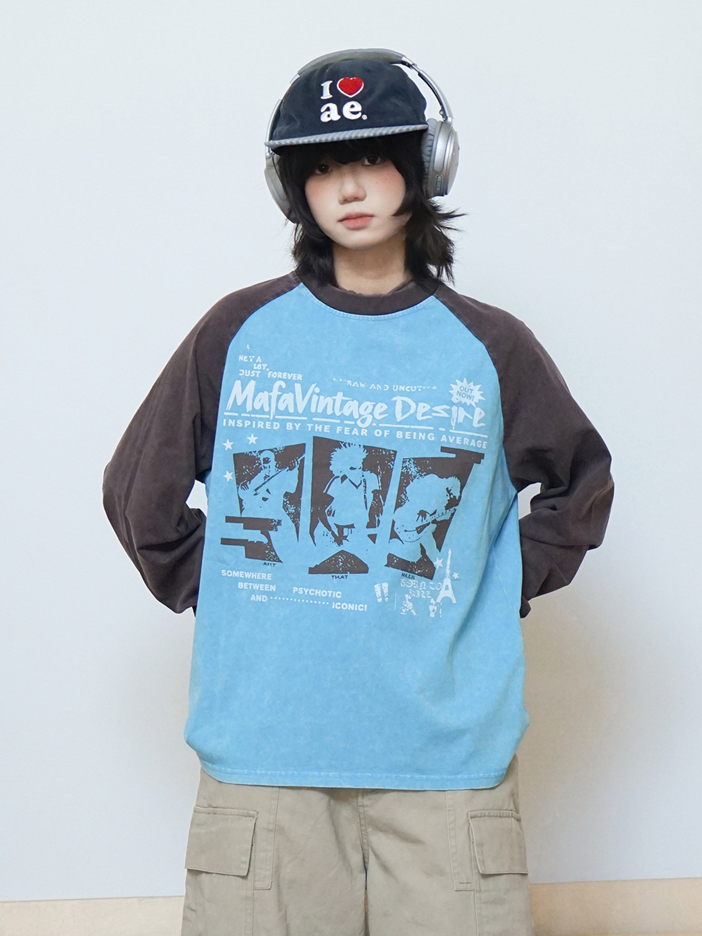 コットンラグラン袖バンドプリント長袖Tシャツ　N7251