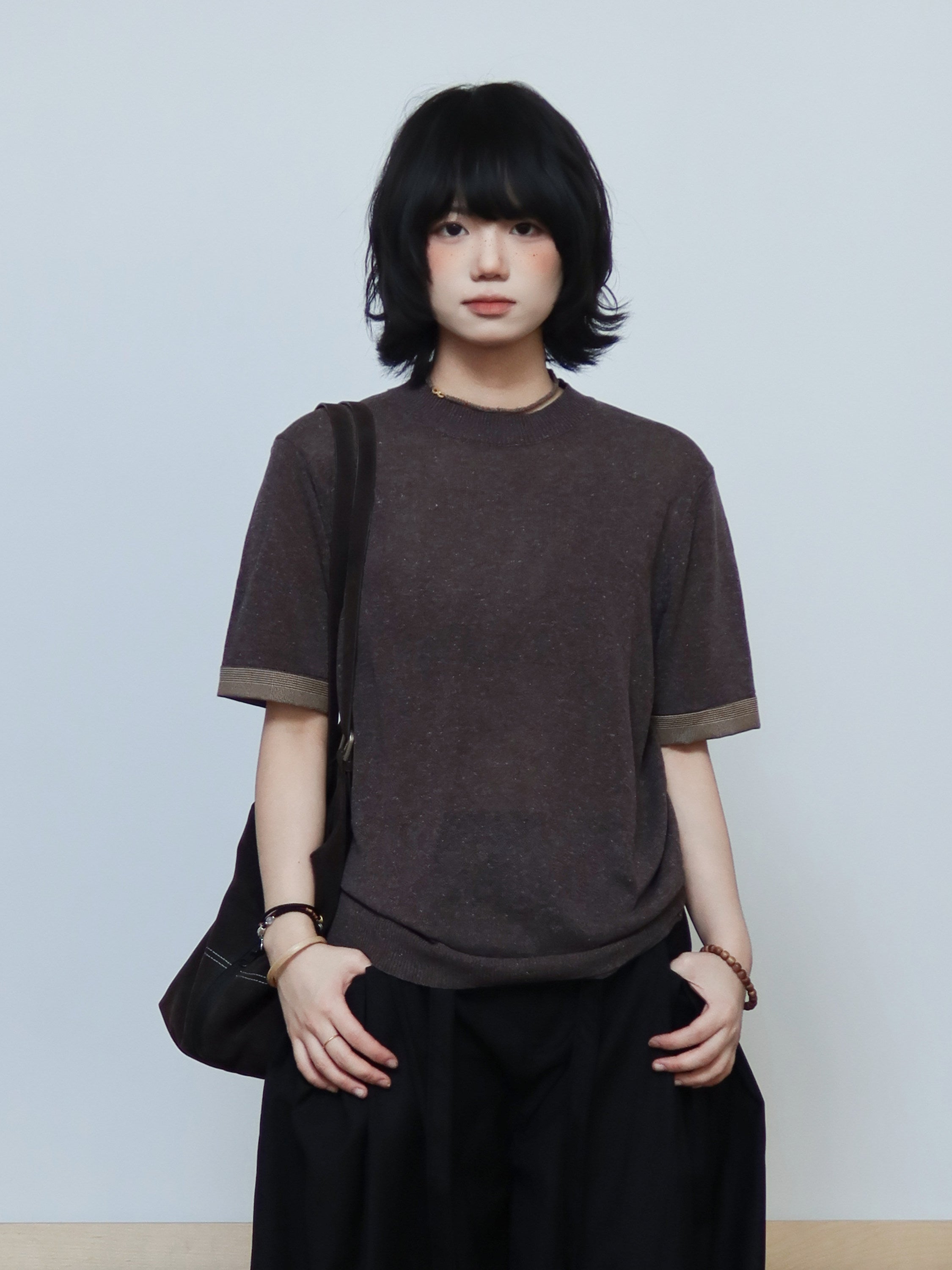 リヨセル混 千鳥格子カフス ニットTシャツ　N6953