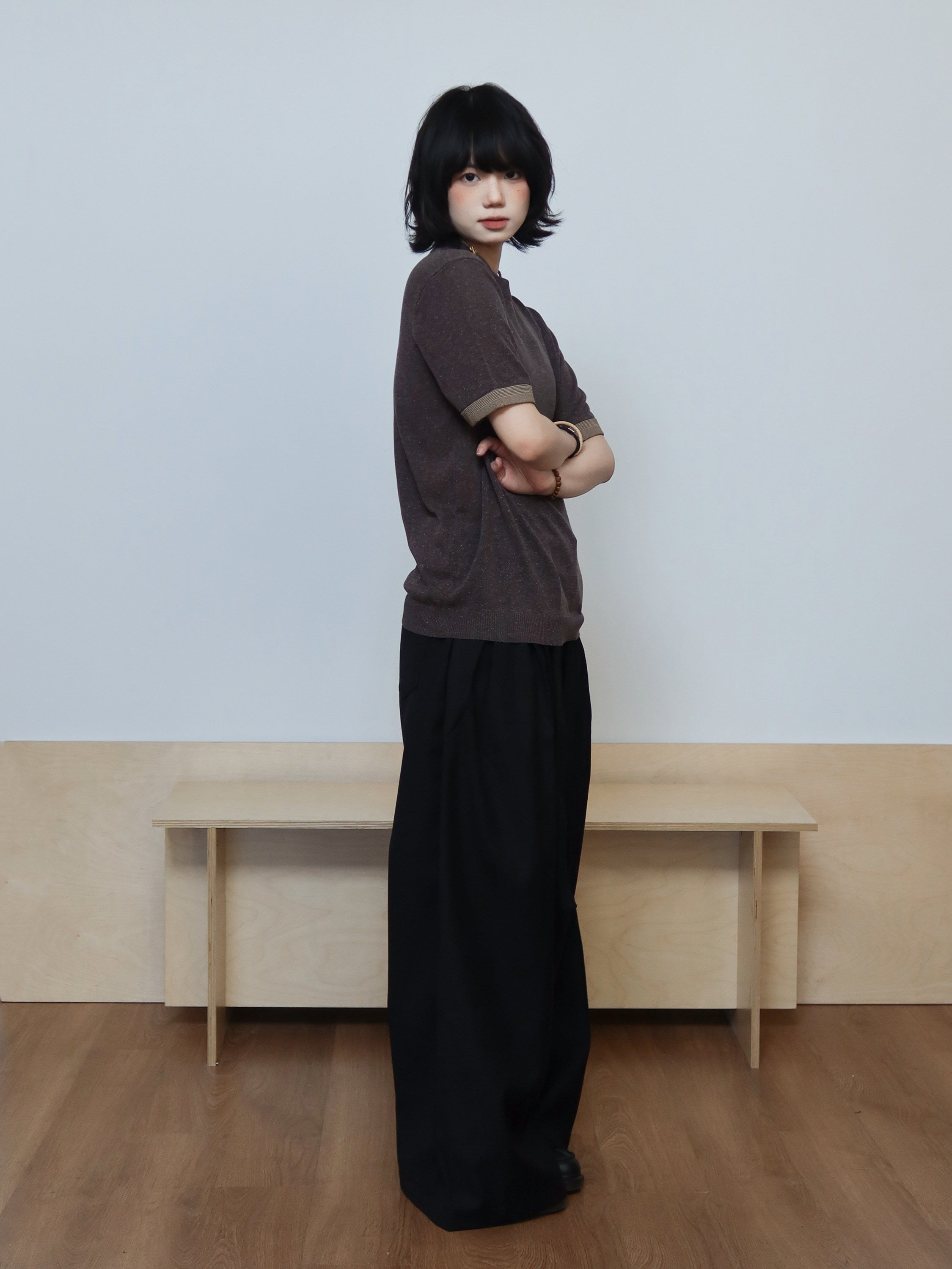 リヨセル混 千鳥格子カフス ニットTシャツ　N6953