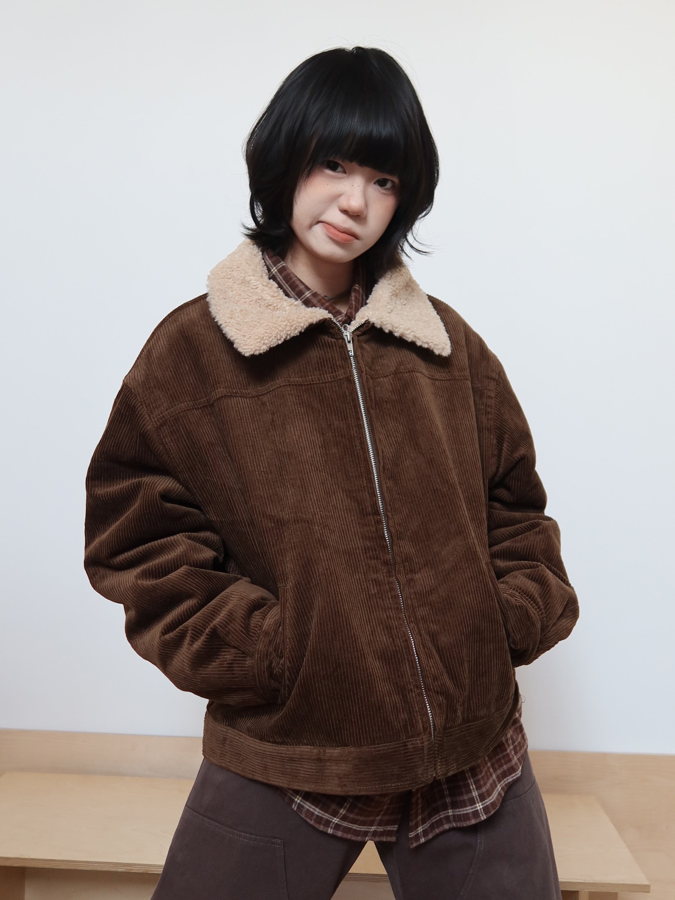 メラード調 コーデュロイ×ボア 襟付き中綿ジャケット　N6372