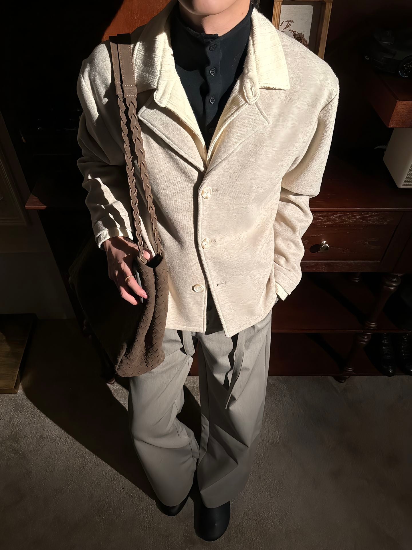 フェイクレイヤード・麦穂ジャカード・ニットカーディガン　N6238