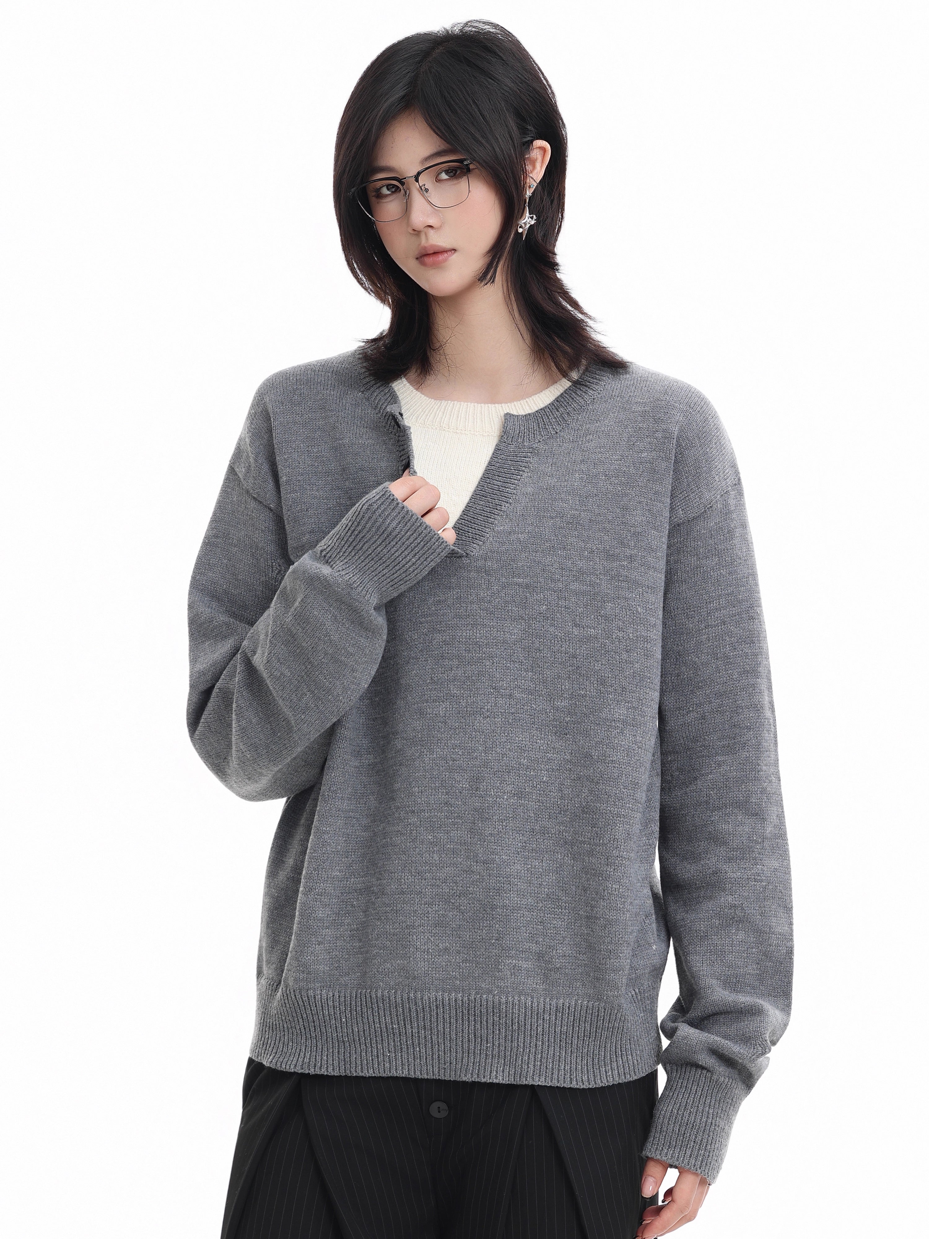 フェイクレイヤード・ヘンリーネックニット　N6013